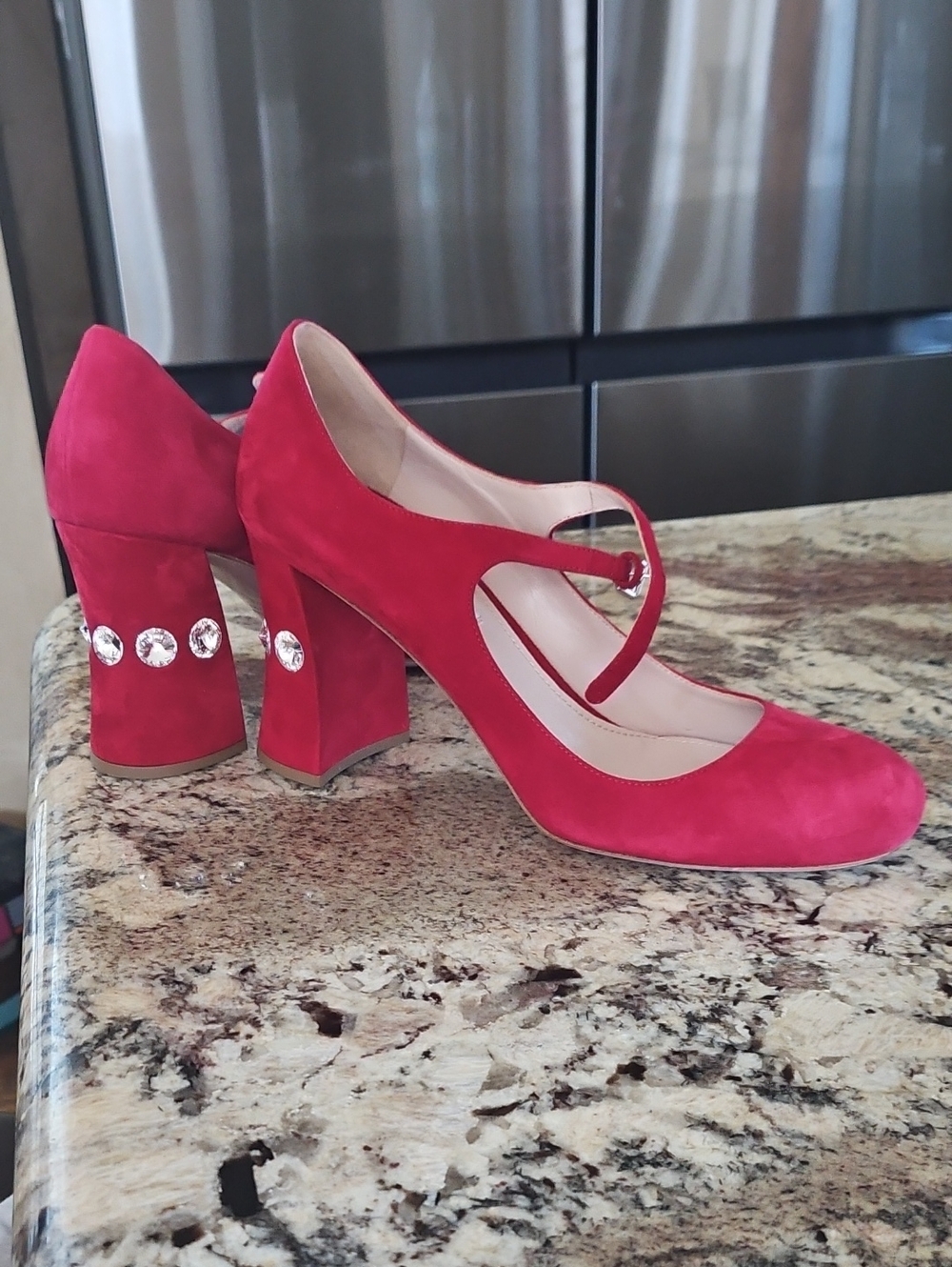 Miu Miu Vintage Cherry Red Leather Large Rhinestone Adorned Mary Jane Heels